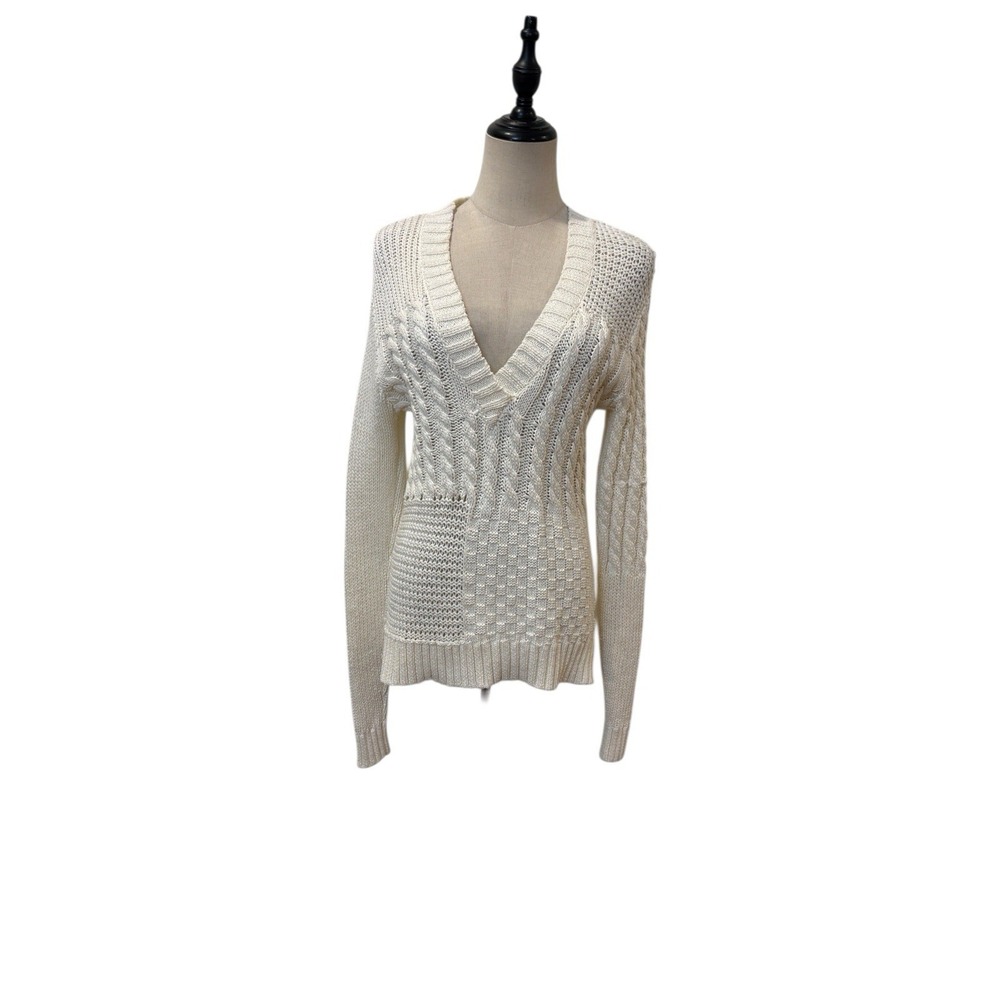 Paige Pullover Sweater Szโ S Ivory V Neck Chunky Cable Knit Fisherman Cottage